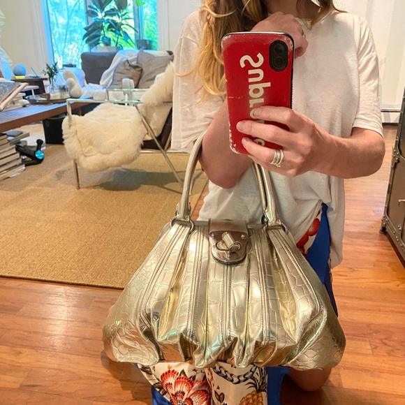 Alexander McQueen Metallic Croc Embossed Patent Leather Elvie Satchel Bag - Picture 9 of 11